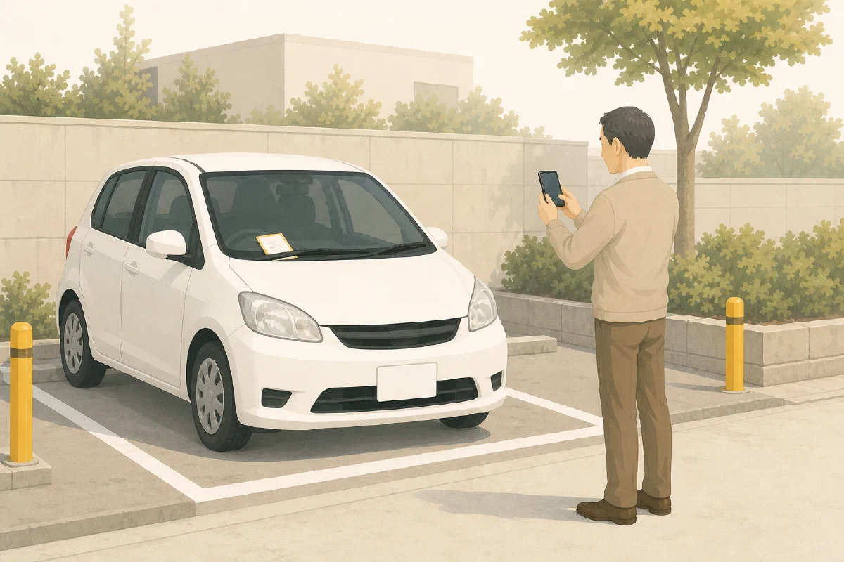 警告文書を車へ置いたあと、オーナーが設置時の様子を撮影する場面