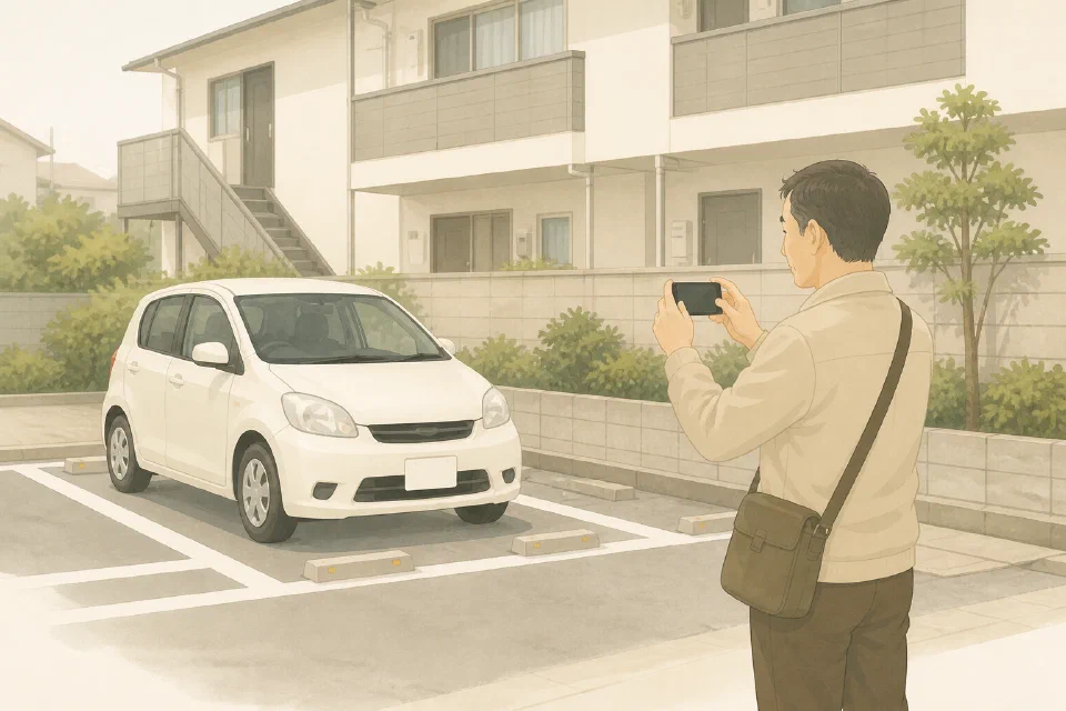 駐車場で、オーナーが迷惑駐車と思われる車をスマートフォンで撮影する様子