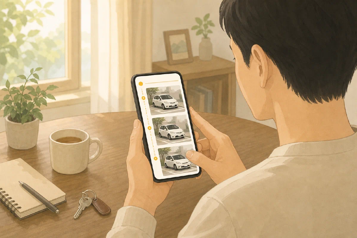 駐車場オーナーがスマートフォンで同じ車の記録を見返す様子