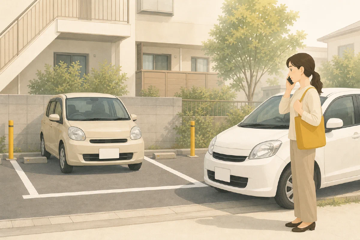 契約している駐車区画が使われていて、利用者がオーナーへ電話する様子