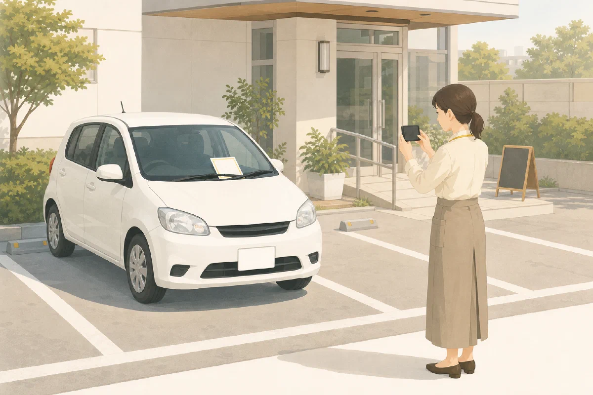 施設の担当者が警告文書を車へ置いたあとの様子を撮影する場面