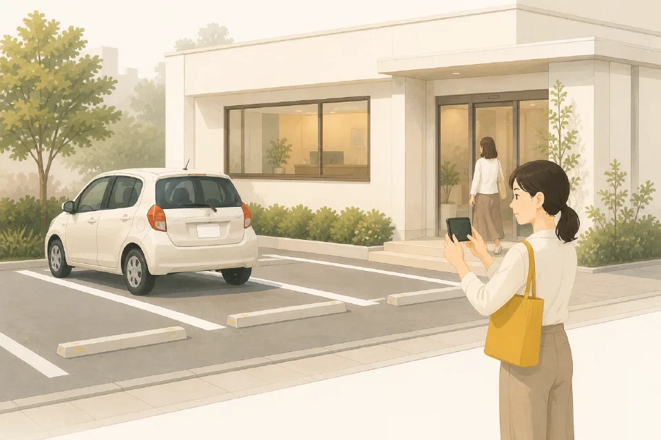 お客さま用駐車場で、担当者が迷惑駐車と思われる車をスマートフォンで撮影する様子