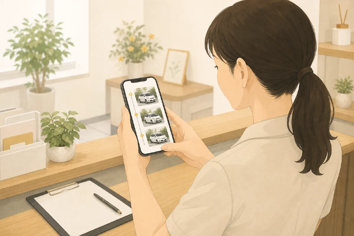 施設の担当者がスマートフォンで同じ車の記録を見返す様子