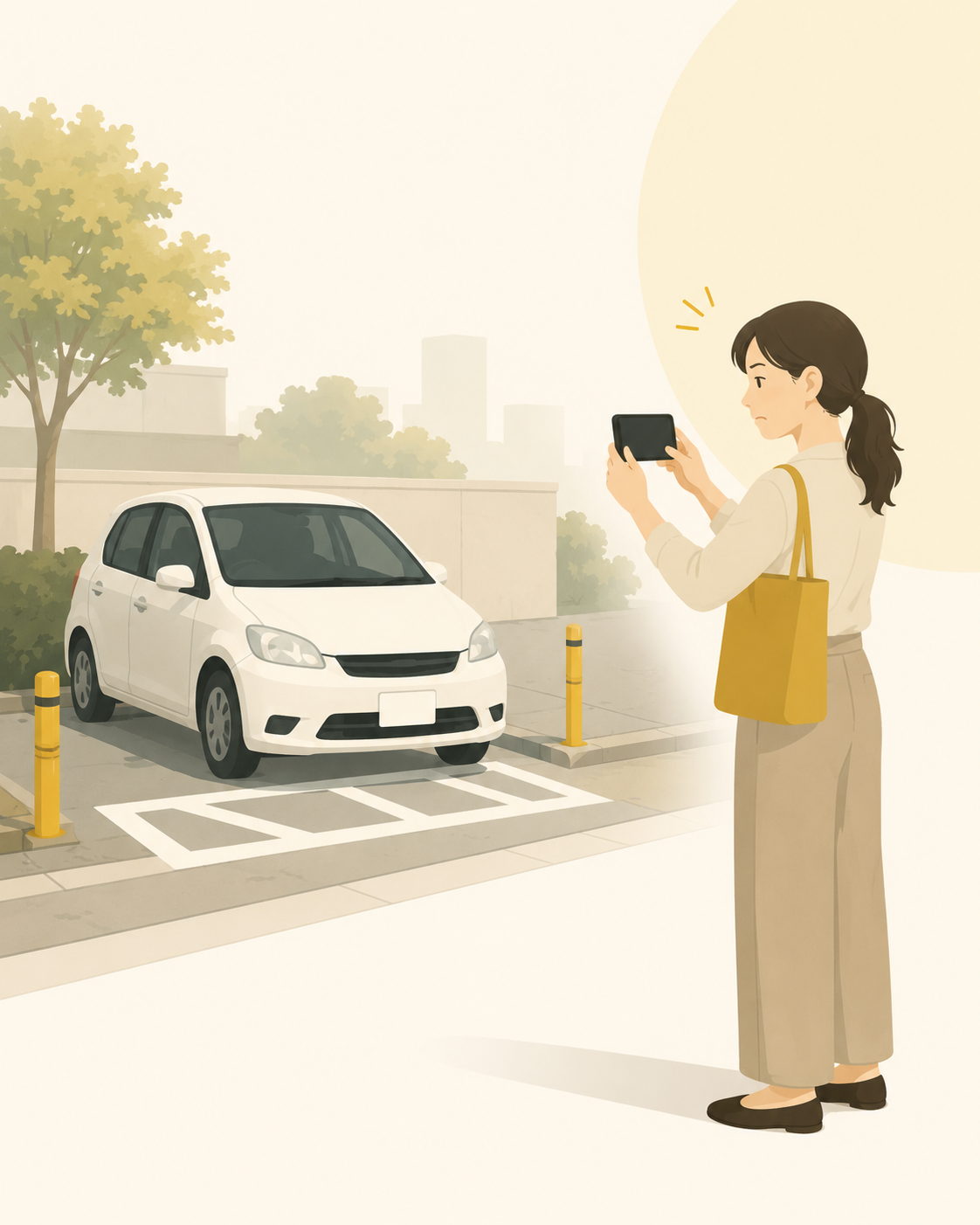 駐車場を巡回し、スマートフォンで車両を撮影する管理担当者のイラスト