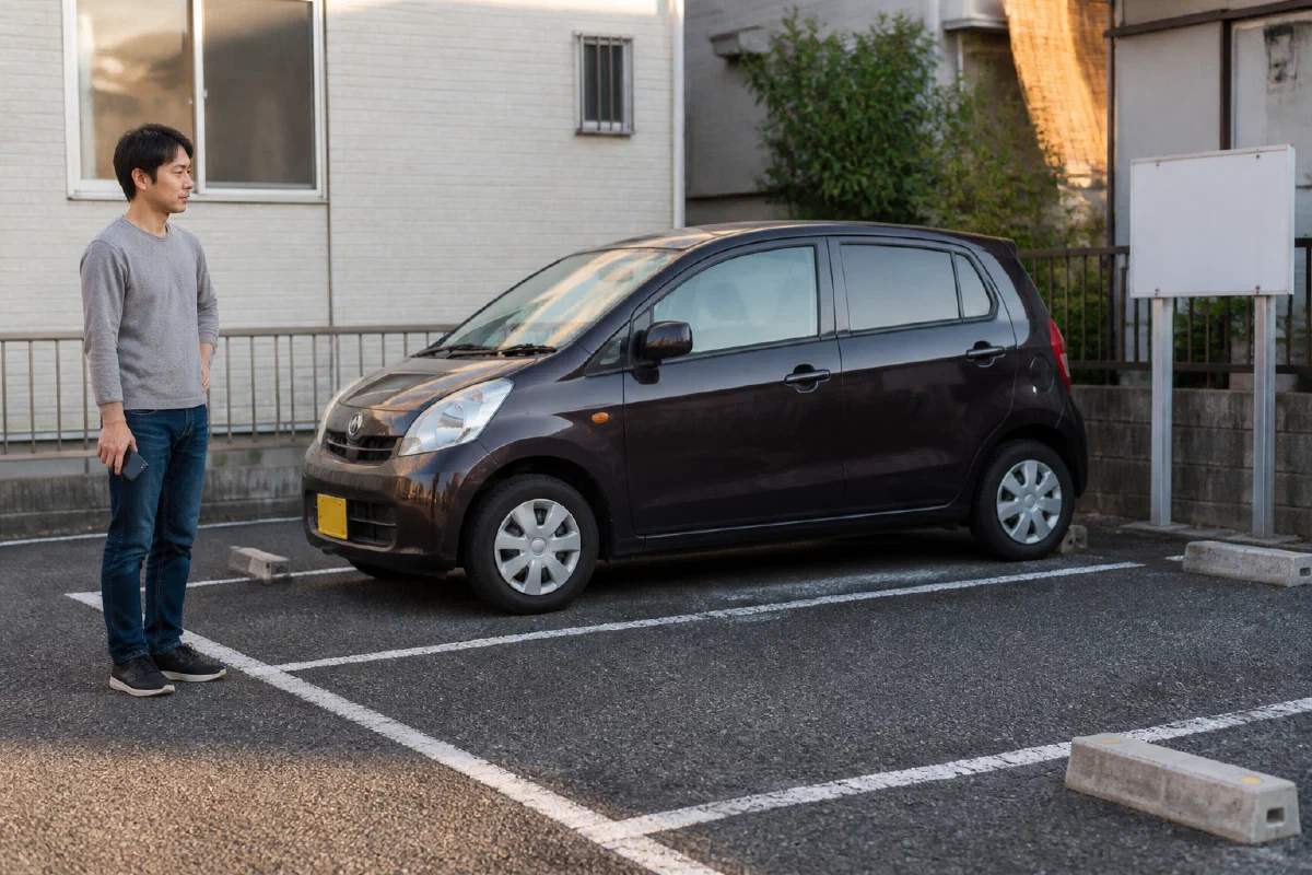 迷惑駐車と思われる車を前に、車へ触れず対応を考える駐車場オーナー