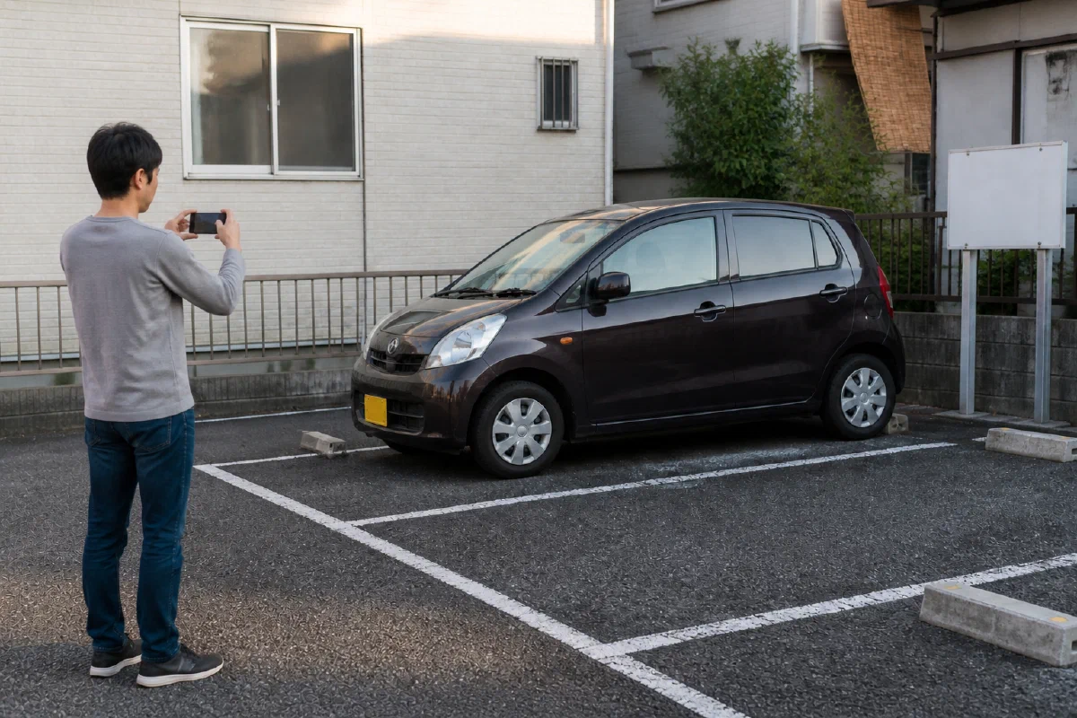 駐車場オーナーが車に触れず、区画と周囲を含めてスマートフォンで撮影する様子