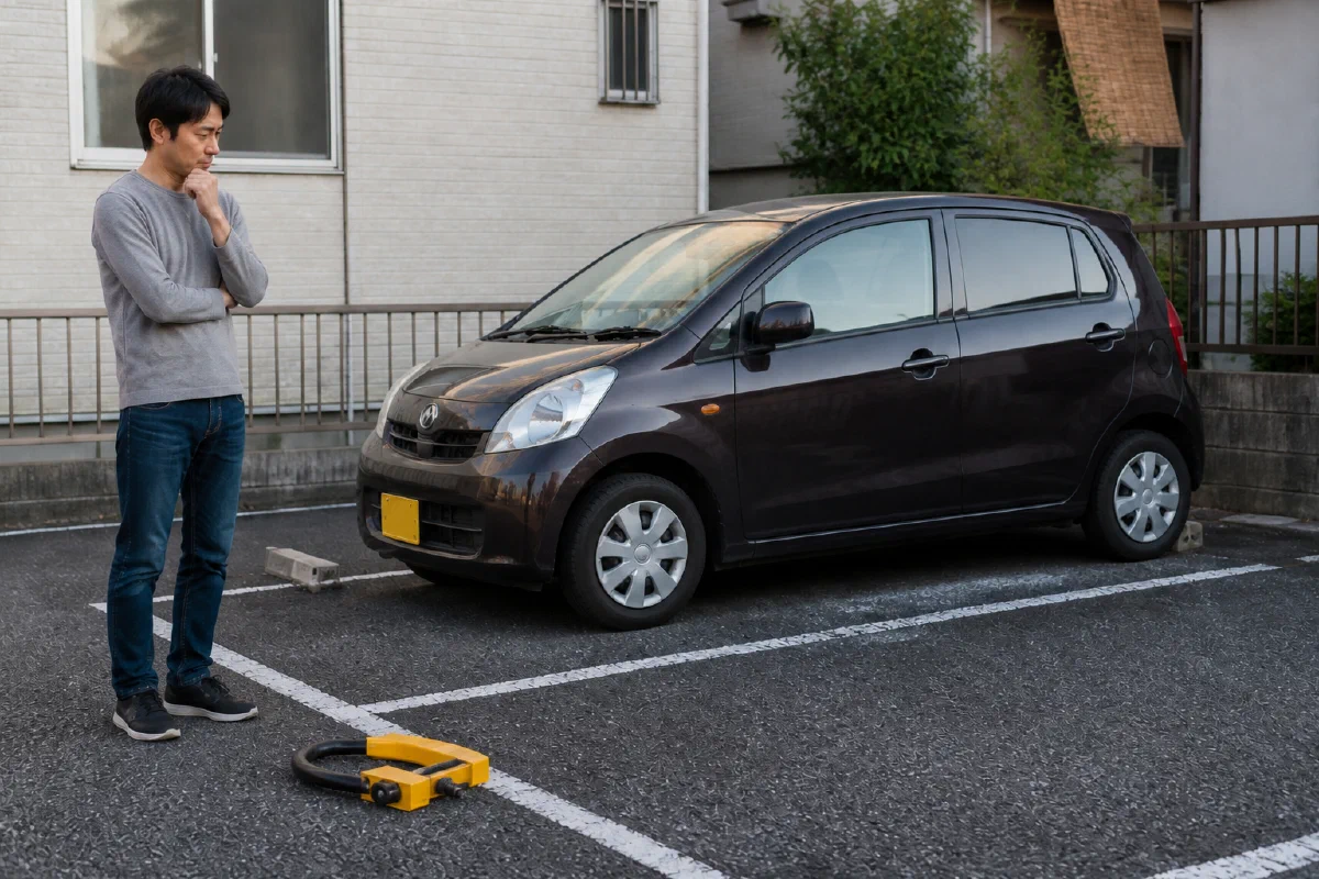 迷惑駐車と思われる車のタイヤから離れた場所にタイヤロックを置き、使用を思いとどまる駐車場オーナー