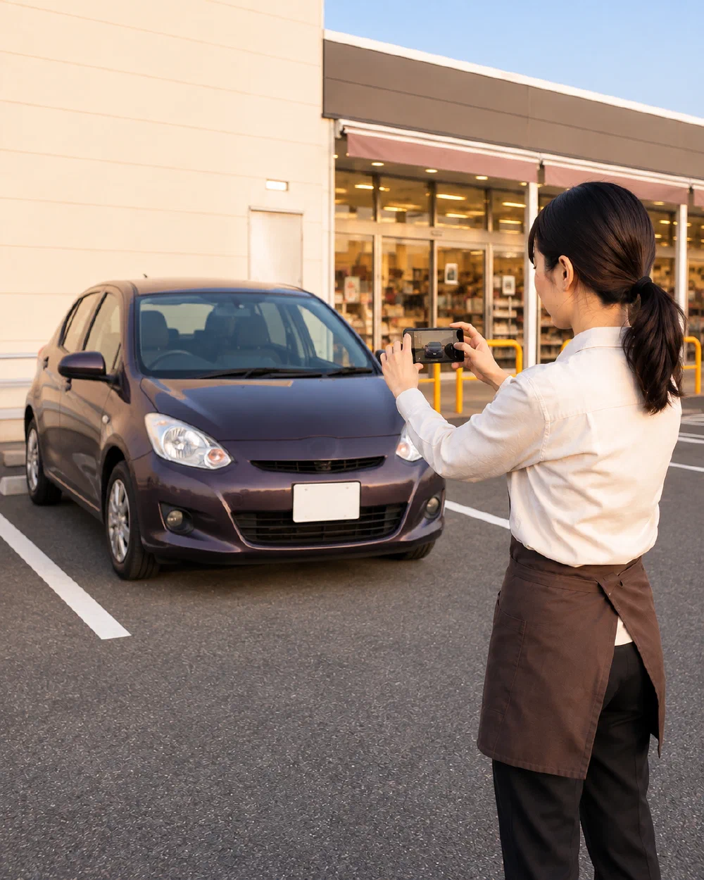 店舗前の駐車場で、女性スタッフがスマートフォンで車両を撮影している写真