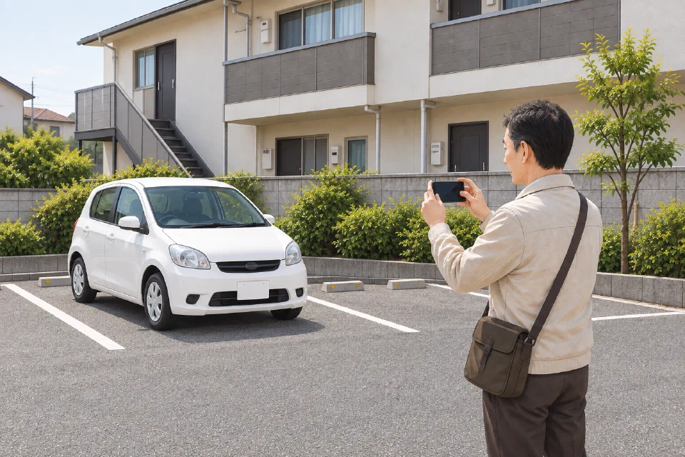 駐車場で、オーナーが迷惑駐車と思われる車をスマートフォンで撮影する様子